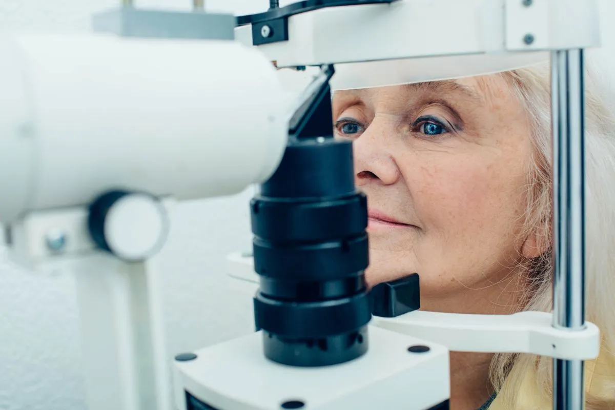 Smiling senior patient during an eye exam